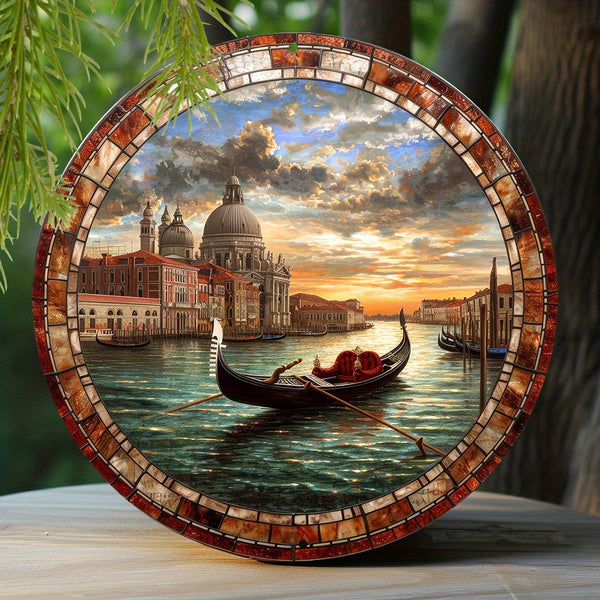1pc 8x8 Inch Spring Aluminum Metal Sign Faux Stained Glass Circular Wreath Decorative Sign Garden Decor Fathers Gifts Venice Gondola Theme Decoration