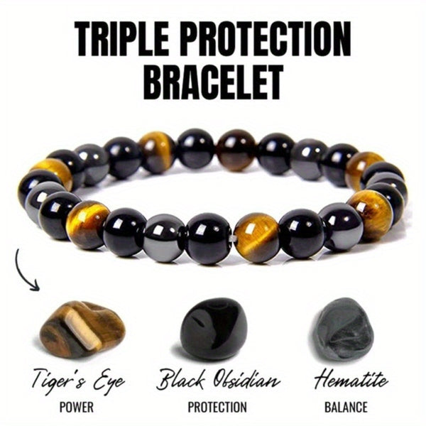 1pc Triple Protection Bracelet - Hematite, Tiger Eye & Black Obsidian - Stainless Steel Magnetic Clasp - Unisex Energy Healing Jewelry