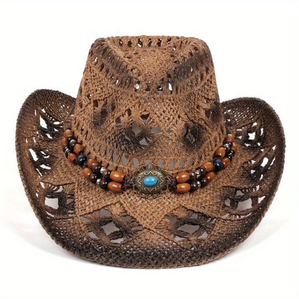 Sommer bredbremmet dame western cowboyhatt med perlebånd, hul utstrakt stråhatt for strandfestival