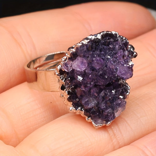 1 Pc Adjustable Raw Amethyst Cluster Ring, Natural Purple Crystal Geode, Chakra Healing Gemstone, Open Cuff Design Perfect for Daily Wear & Party Accessory