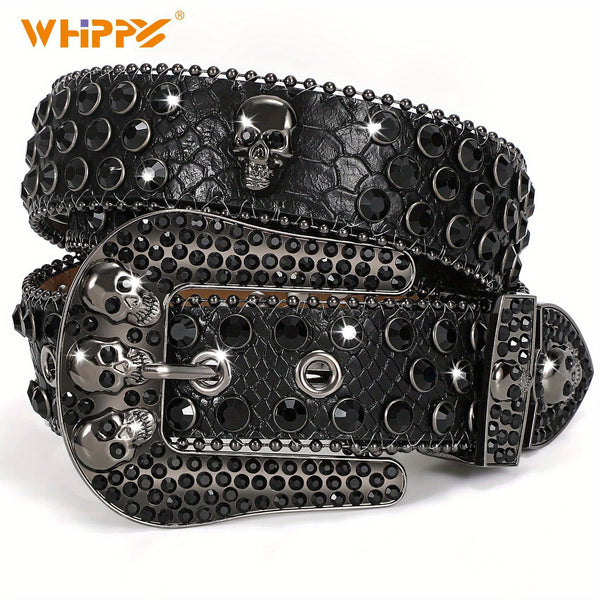 Belte med nagler i lær - Bling i western cowboy-punk-stil, pyntet med strass, justerbar stropp, perfekt for jeans og bukser, unisex-tilbehør for menn og kvinner