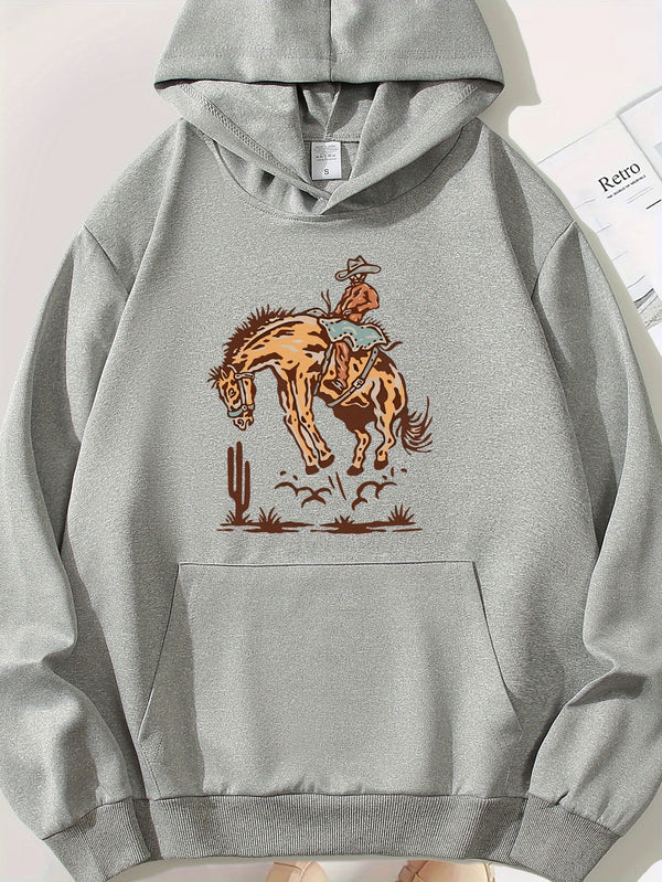 Hettegenser med western-cowboy-elementtrykk og grafisk design til dame, langermet genser med rund hals og lomme, avslappet genser, allsidig mote for høst og vinter