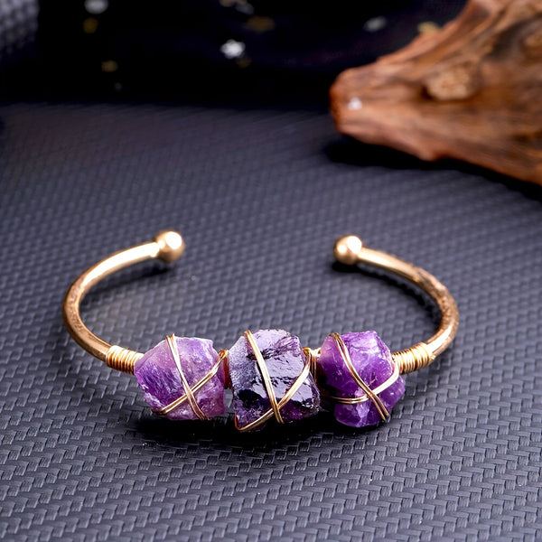 1pcs Natural Amethyst Bracelet, Irregular Raw Stone, Copper Wire Entwined Chakra Healing Balance Reiki Yoga Meditation Wicca Gemstone, Ladies Bracelet