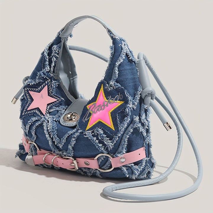 Women's Fashion Denim Shoulder Bag with Star Accents, Vintage Style Crossbody Handbag - MHMote