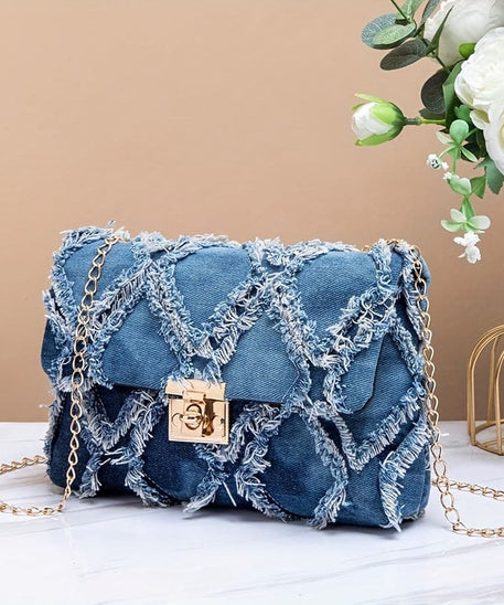 Chic Mini Denim Crossbody Bag for Women - Versatile Checkered Cowboy Style with Detachable Chain Strap, Lightweight & Stylish, Shoulder Bag, Lock, New Style