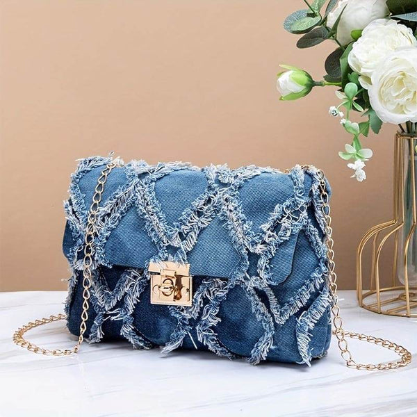 Chic Mini Denim Crossbody Bag for Women - Versatile Checkered Cowboy Style with Detachable Chain Strap, Lightweight & Stylish, Shoulder Bag, Lock, New Style - MHMote