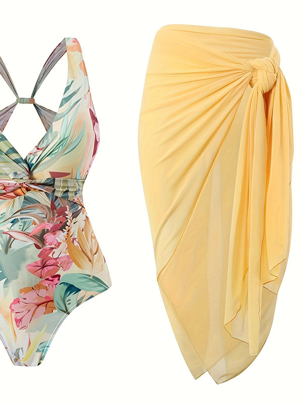 1 Set Tropical Print V-Neck One-Piece Swimsuit with Sheer Sarong for Women - Polyester 82%, Elastane 18% - Medium Stretch Knit Fabric - Cross Detail - All Season Beachwear