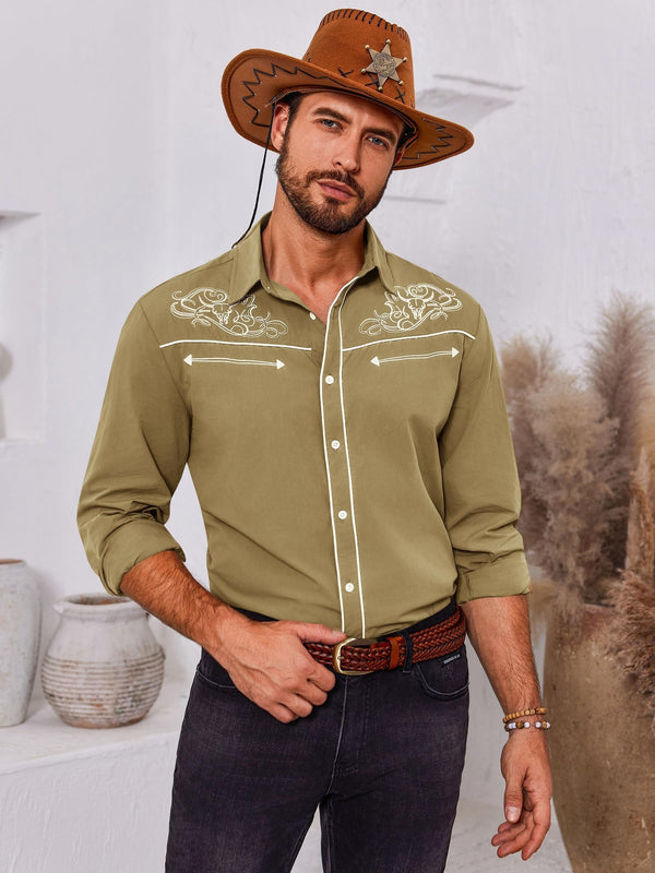 Herre Western Cowboyskjorte med knapper, lange ermer, brodert, casual, slim fit, vintage-dressskjorter