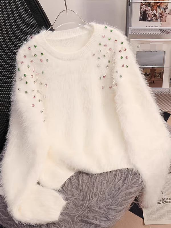 Myk damegenser med fuskepelsfôr og strass - Koselig genser med rund hals og glitrende utsmykninger, allsidig topp for fritids- og formell bruk, genser, allsidig mote, teksturert stoff