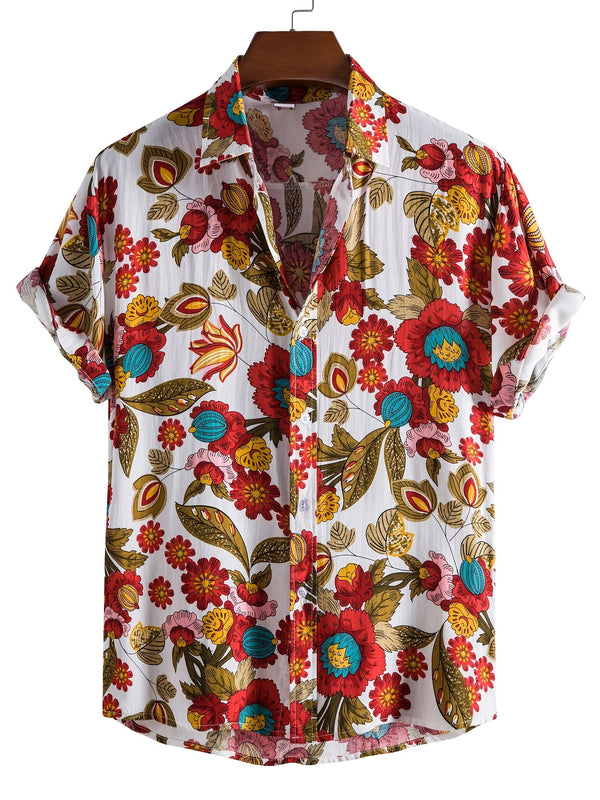 Stilig herreskjorte med blomsterprint og korte ermer - Pustende bomullsblanding, avslappet passform, slagkrage, knapper foran, håndvaskbar - Perfekt for uformelle sommerutflukter