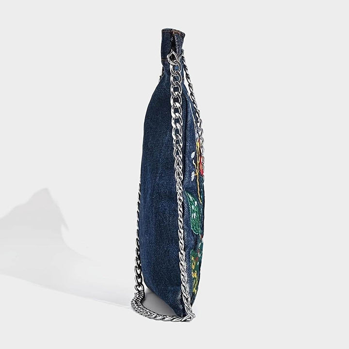 Embroidered Flowers Women Cowboy Shoulder Bag Fashion Chain Ladies Messenger Bags Denim Handbag Blue - MHMote