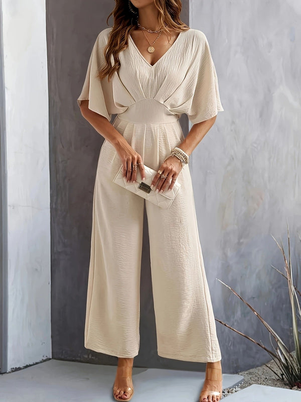 Stilig beige jumpsuit med V-hals og rysjer for dame - Uformelle, ryggløse, vide benbukser for vår/sommer, uformelt antrekk | Jumpsuit med V-hals | Jumpsuit uten rygg
