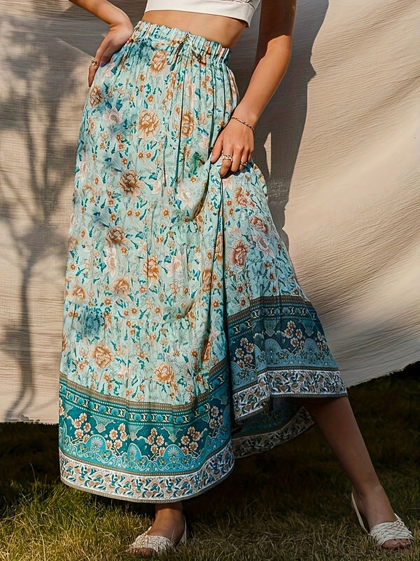 Plus Size Boho-skjørt, dameskjørt med paisley-trykk og rysjer, høy midje og plissert