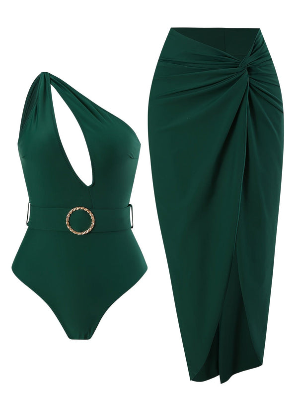 New Two-piece Set of Single Shoulder Design High-end One-Piece Swimsuit with Belt and Beach Skirt