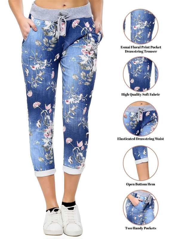 Blomsterprint Slim Cropped Bukser, Avslappede Snøring Skinny Bukser For Hver Dag, Dameklær