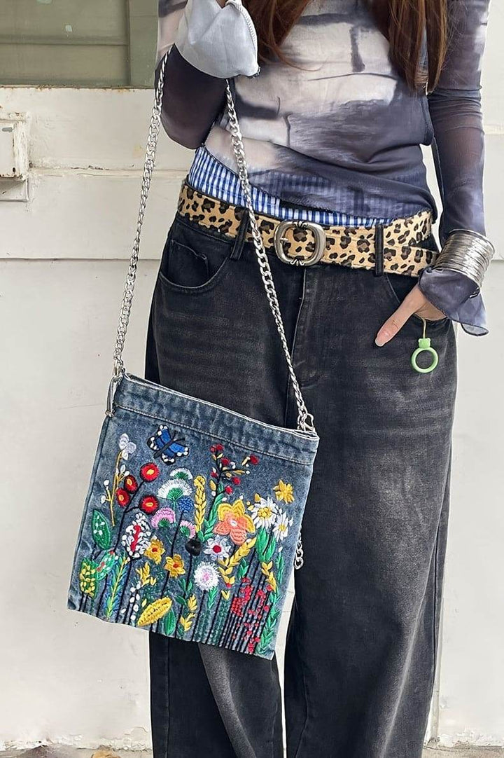 Embroidered Flowers Women Cowboy Shoulder Bag Fashion Chain Ladies Messenger Bags Denim Handbag Blue - MHMote