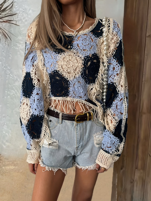 Dame bohemsk strandgenser - Langermet blondeutskjæring og frynsedetaljer Rund hals Fargeblokkgenser, Semi-transparent cover-up for vår/sommer Uformelle antrekk, Ferieantrekk, Bohemsk chic, Pustende stoff, Stilig cover-up,