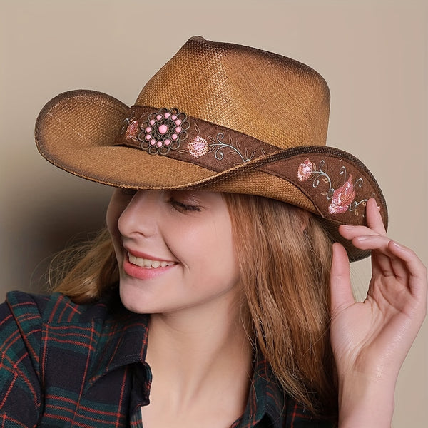 [Elegant western cowboyhatt] Western cowboyhatt i naturlig strå - Elegant damehatt med blomsterbroderi, solbeskyttelse, justerbar snor, perfekt for sommerens utendørseventyr