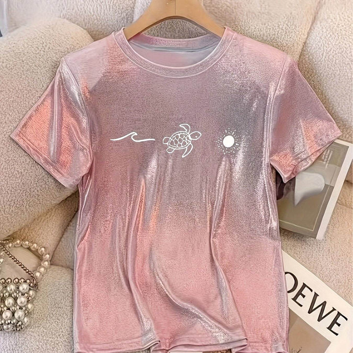 1pc Sparkle Princess Women's T-Shirt - Casual Round Neck, Stretchy Polyester Blend, Geometric Print, Perfect for Spring/Summer/Fall, Versatile Fashion | Round Neck Tshirt | Machine Washable Shirt - MHMote