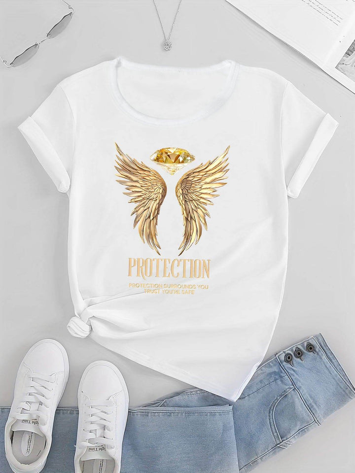 Protection & Angel Wings & Diamond Print Crew Neck T-shirt, Casual Fashion Short Sleeve T-shirt, Micro-Elastic, Non-Transparent, Easy To Care Material, Ideal For Everyday Wear, Women'S Clothing - MHMote