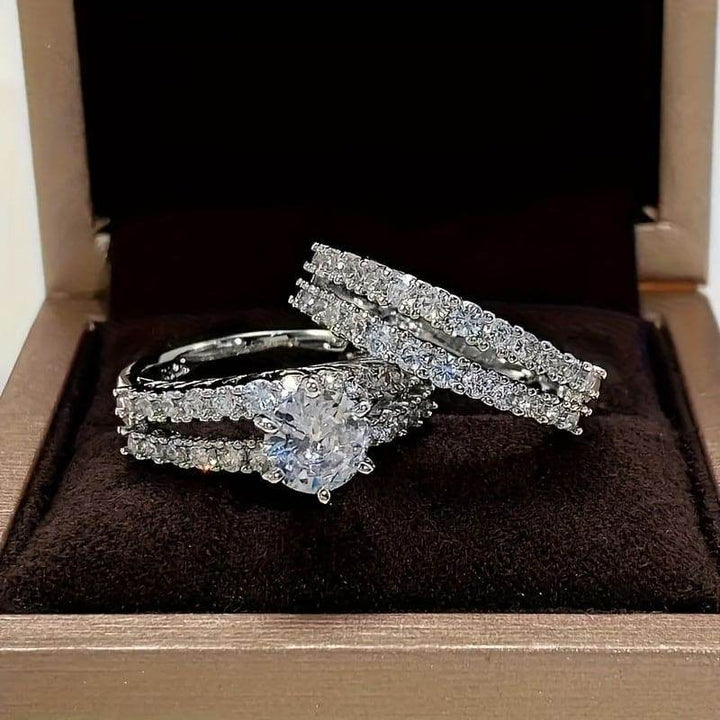 2pcs Set, 18K Golden Plated Copper Rings, Simple Style, Synthetic Cubic Zirconia, Bridal Wedding Engagement Rings for Women, Versatile Daily & Special Occasion Jewelry - MHMote