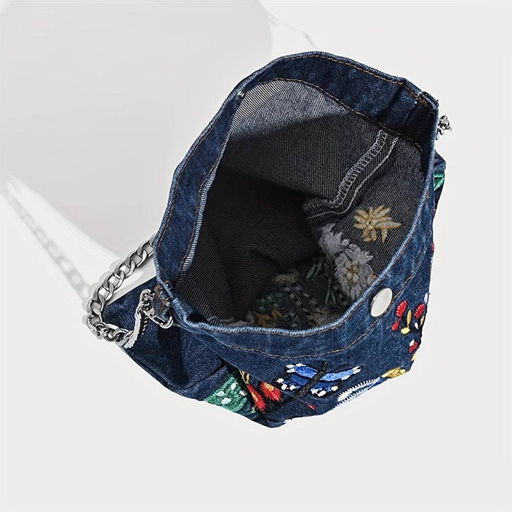Embroidered Flowers Women Cowboy Shoulder Bag Fashion Chain Ladies Messenger Bags Denim Handbag Blue - MHMote