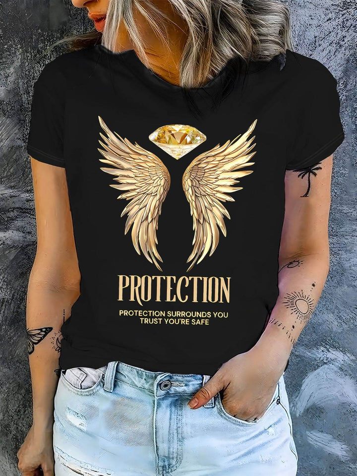 Protection & Angel Wings & Diamond Print Crew Neck T-shirt, Casual Fashion Short Sleeve T-shirt, Micro-Elastic, Non-Transparent, Easy To Care Material, Ideal For Everyday Wear, Women'S Clothing - MHMote