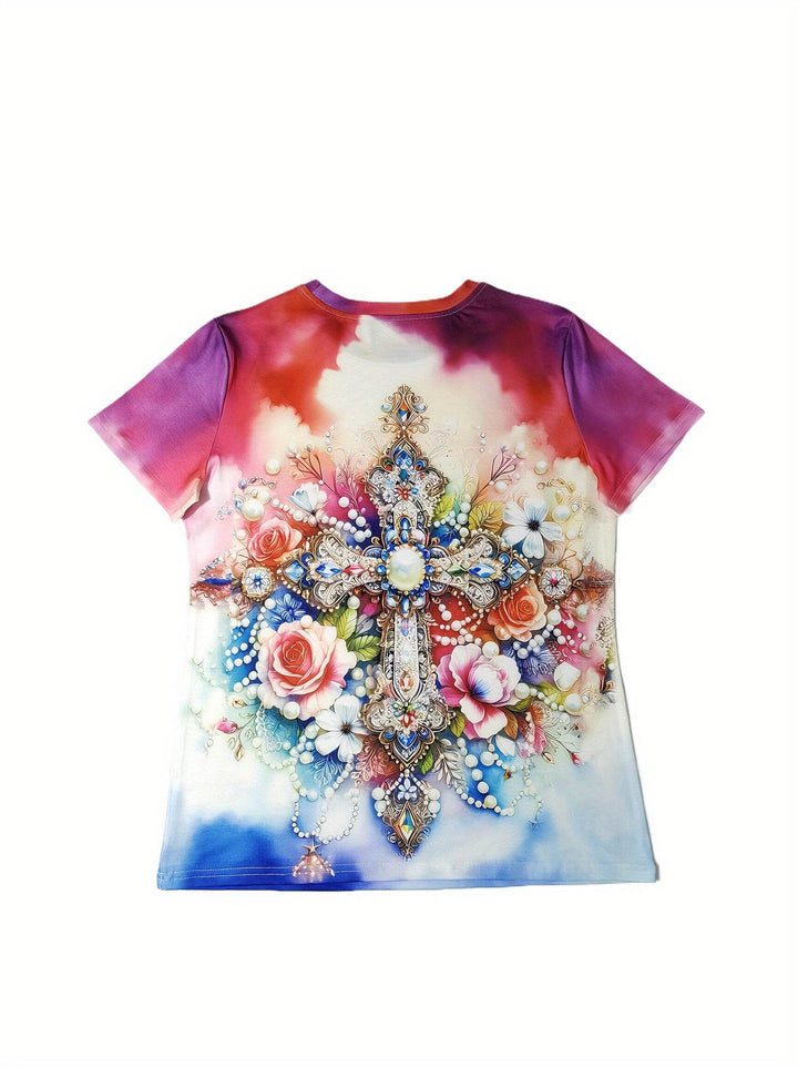 Vibrant Women's Floral Cross Print T-Shirt - Casual Crew Neck, Short Sleeve, Stretchy Polyester Blend, Machine Washable - Colorful Artistic Design for Spring & Summer - MHMote