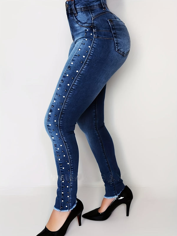 Dame skinny jeans med høy midje – ikke-gjennomsiktige stretchbukser med push-up-effekt og magekontroll, maskinvaskbare slim fit jeans for hverdags- og formelle antrekk – jeans for kvinner, allsidig garderobe-stift, elegante detaljer