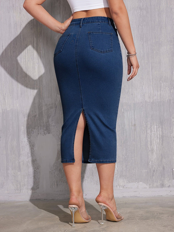 Stilig dame-denimskjørt - Ensfarget, tettsittende passform med trendy splittkant - Midi-lengde glidelås og knappelukking - Moteriktige jeansklær