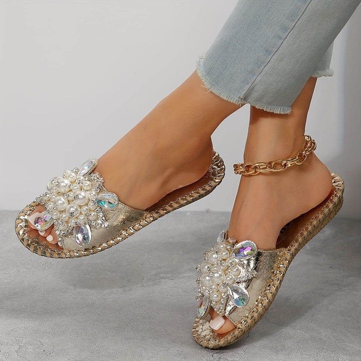 [Durable Build] Elegant Women's Open-Toe Slide Sandals with Handcrafted Floral Rhinestone & Pearl Accents - Fashionable Beige Slip-On Flats, Perfect for All Seasons - MHMote