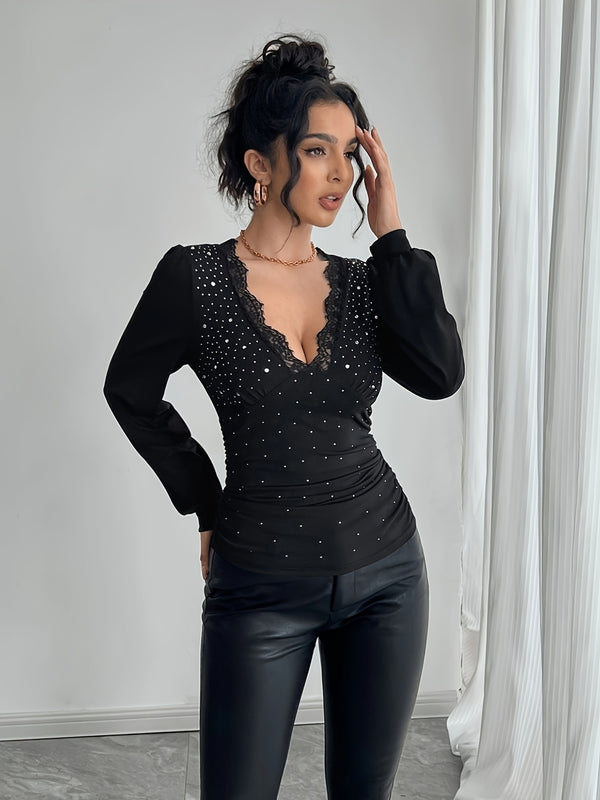 2025 Vår Ny Ankomst Elegant Spesial Ensfarget Dame T-skjorte med V-hals og lanterneermer, Polyester, med Rhinestone-utsmykning, for kvinner