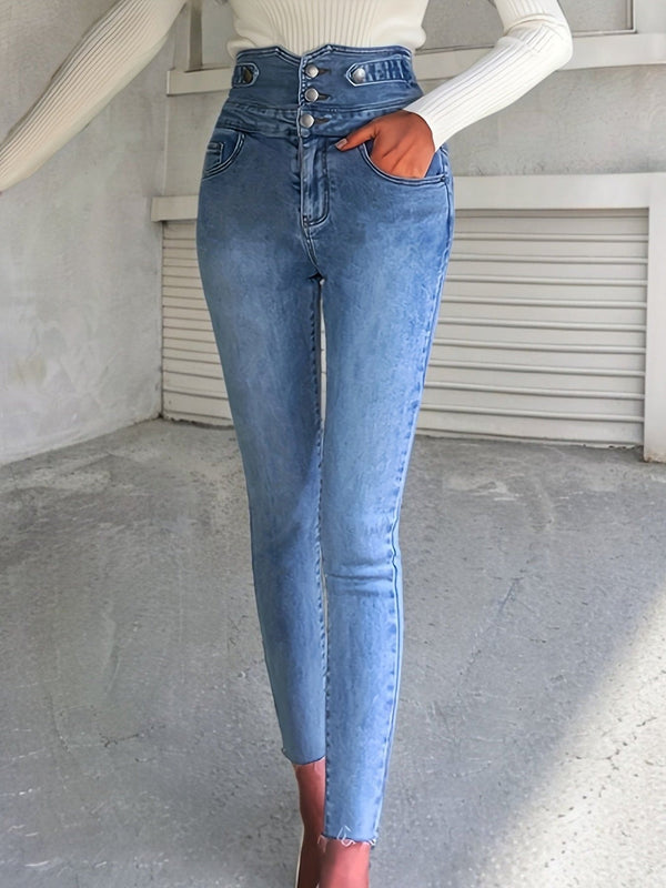 Høy midje, magekontroll, rå denimbukser, flere knapper, enkeltspent, elegante, vaskede blå skinny jeans, damejeans og klær