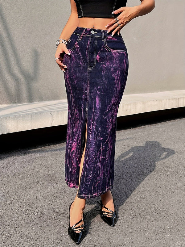 Tie Dye Lilla Splittet Front Høy Skole Elastisk Sexy Maxi Denimskjørt, Dame Denim Jeans og Klær