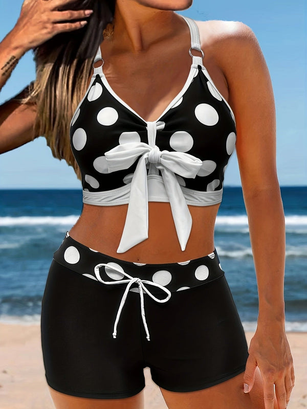 Chic Polka Dot Bowknot Bikini Set - High Waist Tummy Control Swimsuit with Ring Detail & Stretchy Cross Back Shorts - Fashion Womens Swimwear Clothing