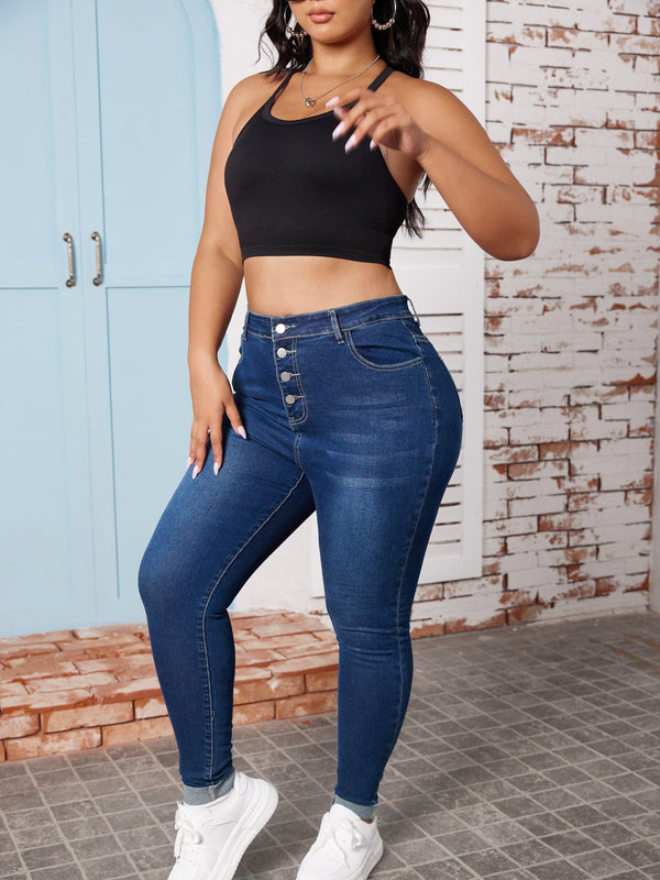 Pluss størrelse casual jeans, dame pluss knappgylf med opprullbar spenne og høy stretchjeans