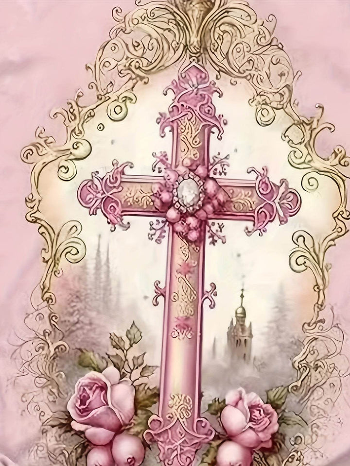 Stylish Pink Floral Cross Print Women's T-Shirt - Casual Crew Neck, Short Sleeve, Polyester & Spandex Blend, Machine Washable, Ladies T Shirts - MHMote