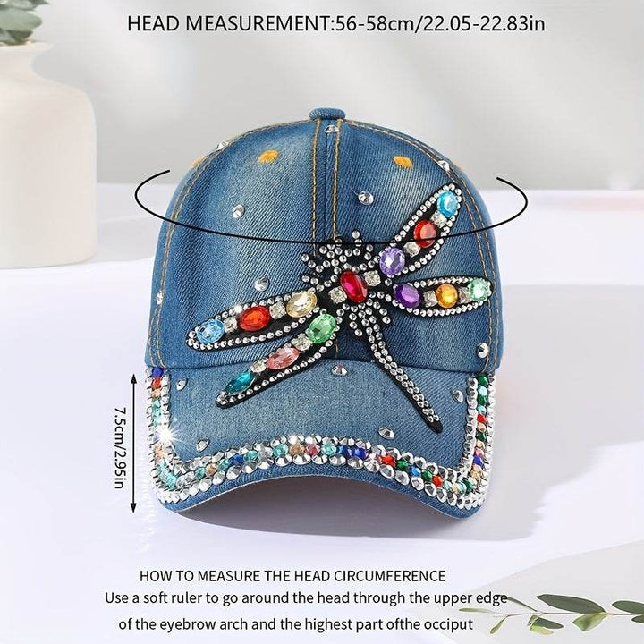 Rhinestone Dragonfly Patch Baseball Cap Blue Denim Washed Distressed Dad Hat Sun Hats For Women - MHMote
