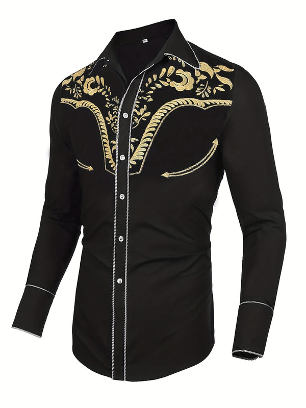 Western Cowboy Chic langermet brodert skjorte - Myk bomullsblanding, elegant design, avslappet stil for vår-høstferie, resortbruk - Herreskjorte for utendørsaktiviteter, reiser og fritid