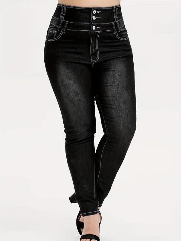 Plus Size High Waist Skinny Jeans - Stilig knappegylf, superelastisk, flatterende passform - Plussbukser for kvinner