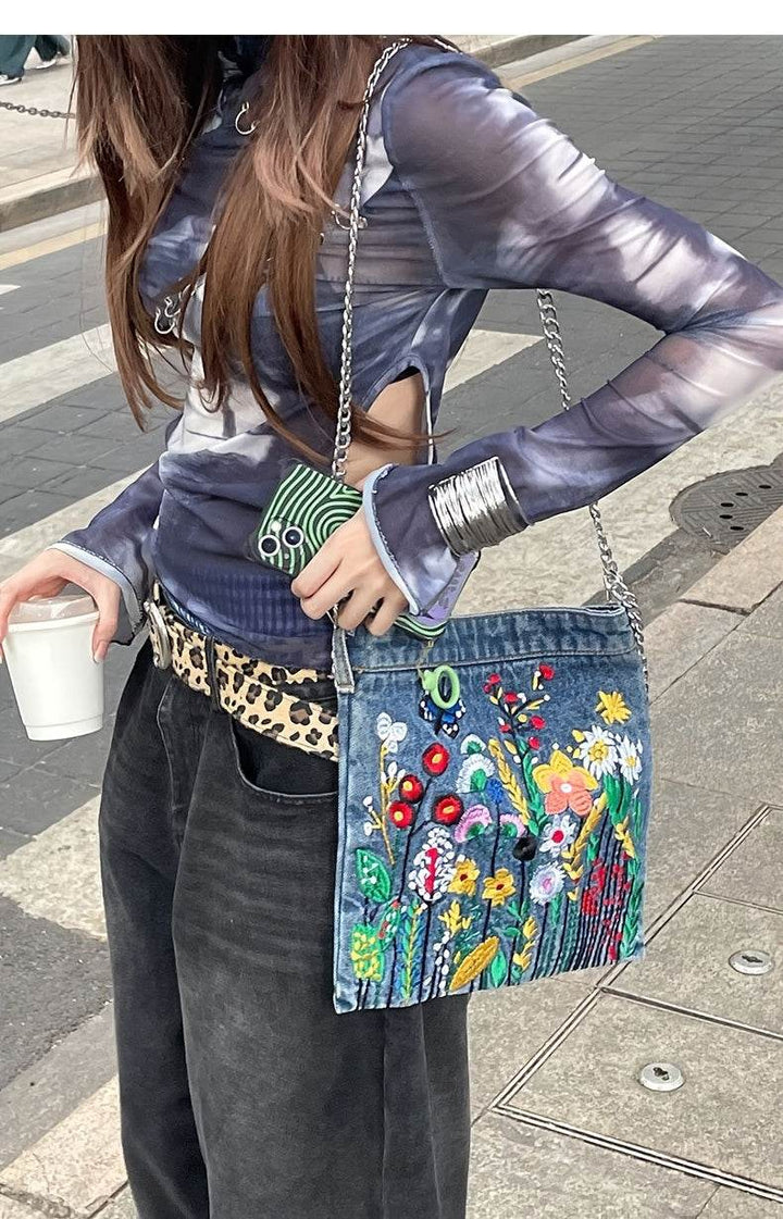 Embroidered Flowers Women Cowboy Shoulder Bag Fashion Chain Ladies Messenger Bags Denim Handbag Blue - MHMote