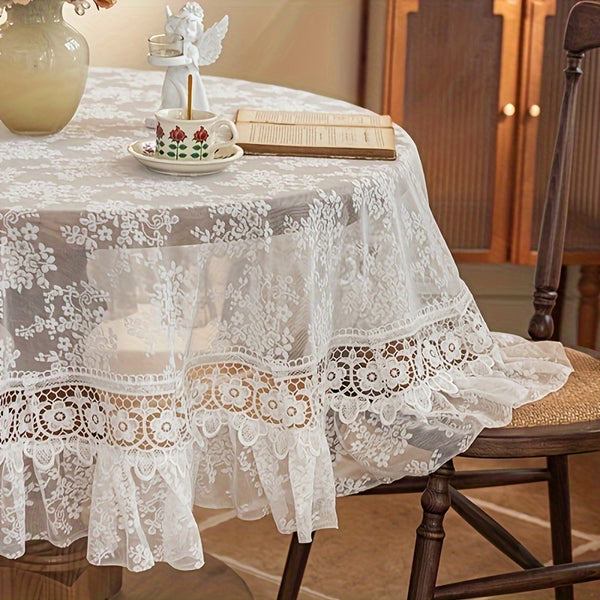 1pc White Lace Embroidered Round Tablecloth, 60-inch Polyester, Handmade Floral Pattern, Vintage Charm for Dining Room, Bedroom, Cafe, Party Decor, Polyester Cover, Woven Fabric, Circular Shape