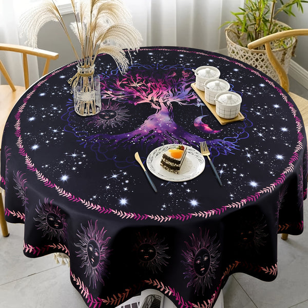 1pc Round Tablecloth 63 Inch, Boho Table Cloth With Sun MoonStar Tree Pattern, Stain Resistant, Absorbent And Wrinkle Free, Circle Table Cover For Home Kitchen Dining Party Patio Indoor AndOutdoor Use, Room Decor, Scene Decor