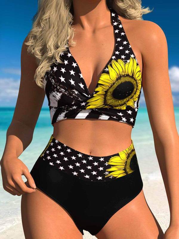 Plus Size Avslappet Bikinisett, Dame Plus Stjerne- og solsikketrykk Halter Neck Top og Undertøy Badedrakt 2-delt Sett