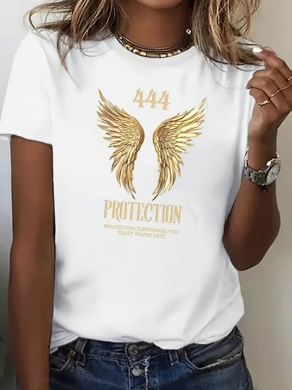 1pc Women'S Casual Cotton Blend T-Shirt with Angel Wings and Letter Print, Round Neck, Short Sleeve, Regular Fit, Summer Knit Top - MHMote