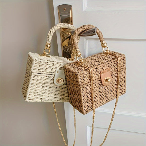Bohemian Square Handbag for Women - Retro Paper Straw Woven Box Bag with Mini Chain Crossbody Strap