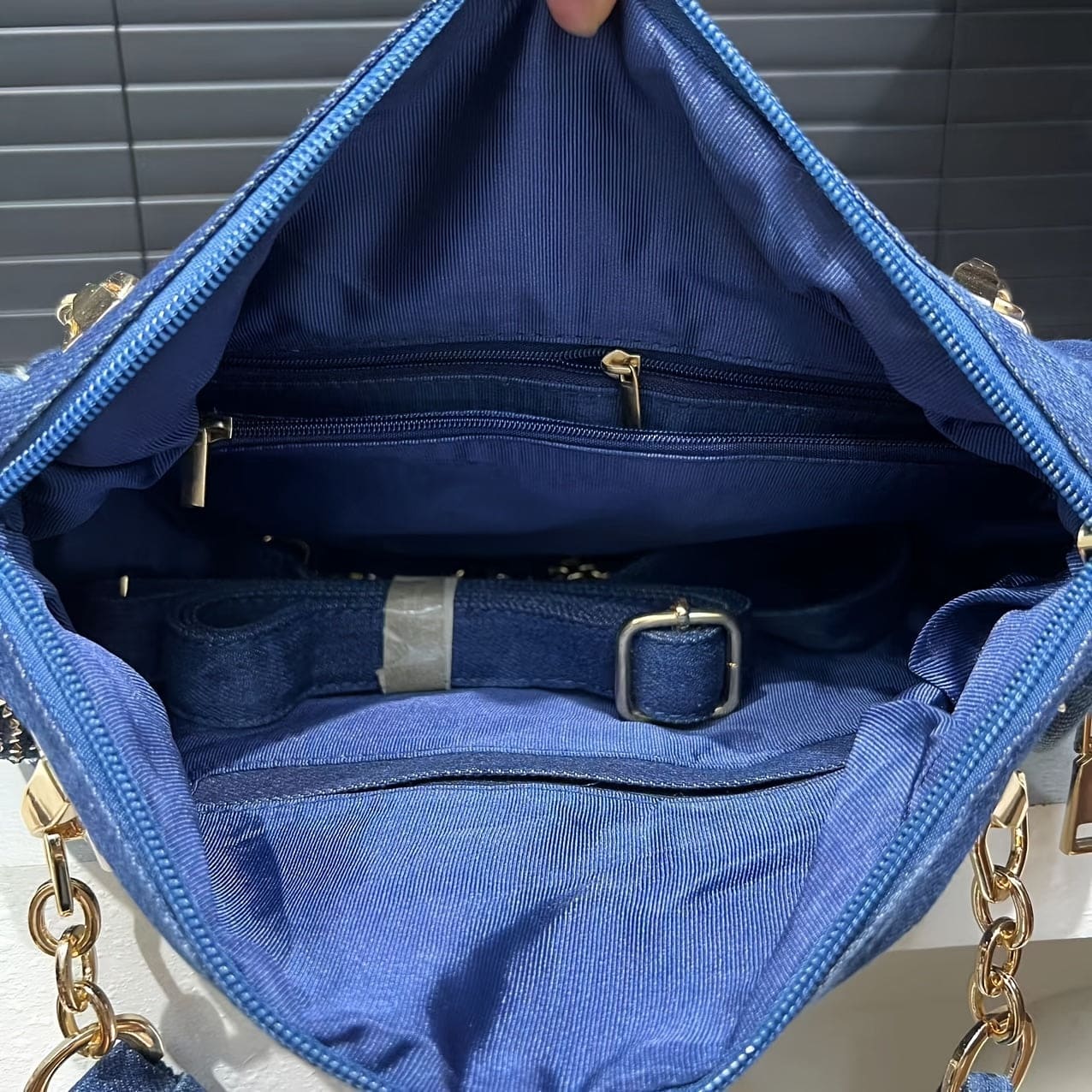 Elegant denim dameveske med glitrende rhinestones – stor kapasitet, gradientdesign, avtakbar stropp, glidelåslukking