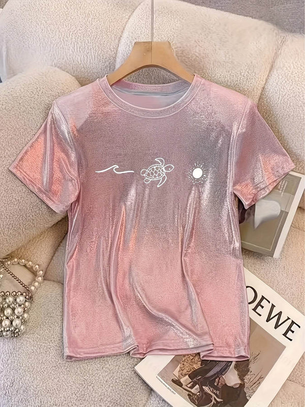 1pc Sparkle Princess Women's T-Shirt - Casual Round Neck, Stretchy Polyester Blend, Geometric Print, Perfect for Spring/Summer/Fall, Versatile Fashion | Round Neck Tshirt | Machine Washable Shirt - MHMote