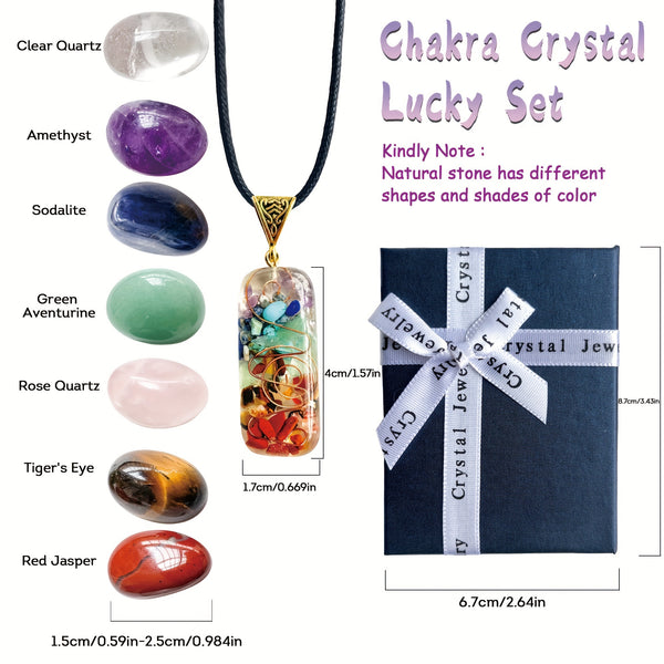 Healing Crystal Set, 8pcs Chakra Stones with Pendant Necklace and Tumbled Gemstones, Natural Quartz Energy Balancing Kit in Gift Box for Meditation and Reiki