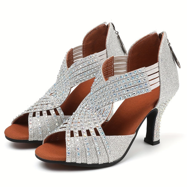 Women's Fashion Rhinestone Medium Heel Dance Sandals, Lightweight Latin Dance Sandals Shoes For Music Festival